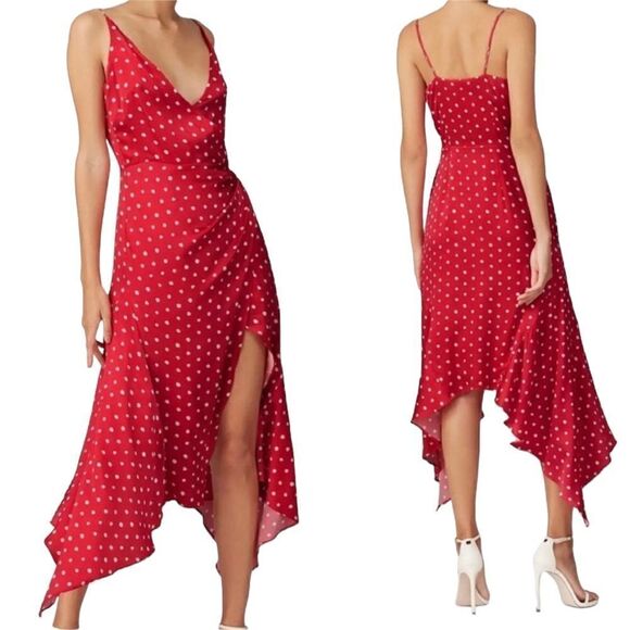 Haney Olivia Red Stretch Satin Polka Dot Handkerchief Hem Midi Dress 4 $890 - Picture 1 of 13